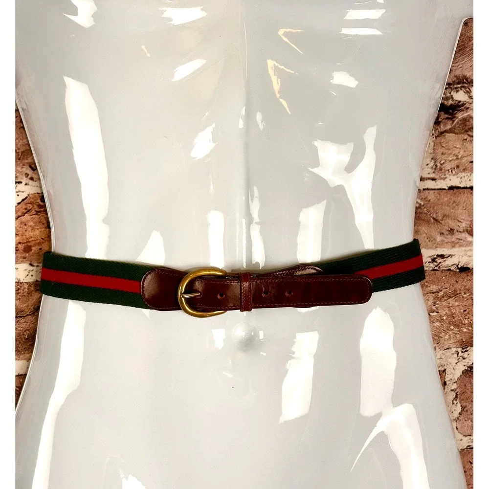 Leatherman‎ Ltd Surcingle Belt Mens 32 Red Green Striped Canvas Leather USA VTG